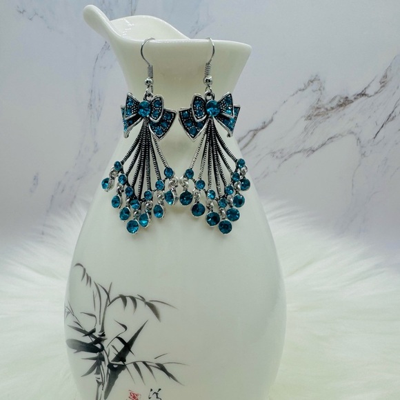 Chandelier Bow Rhinestone Statement Earrings in Blue - Picture 1 of 4